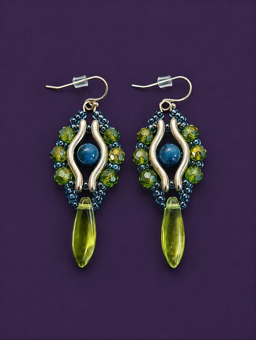 HANDMADE Beadwoven Apatite Green Czech Glass Spike Evil Eye Dangle Earrings